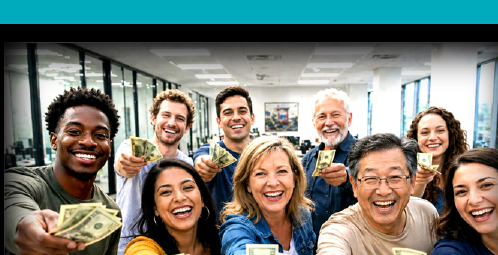 Happy business team holding money